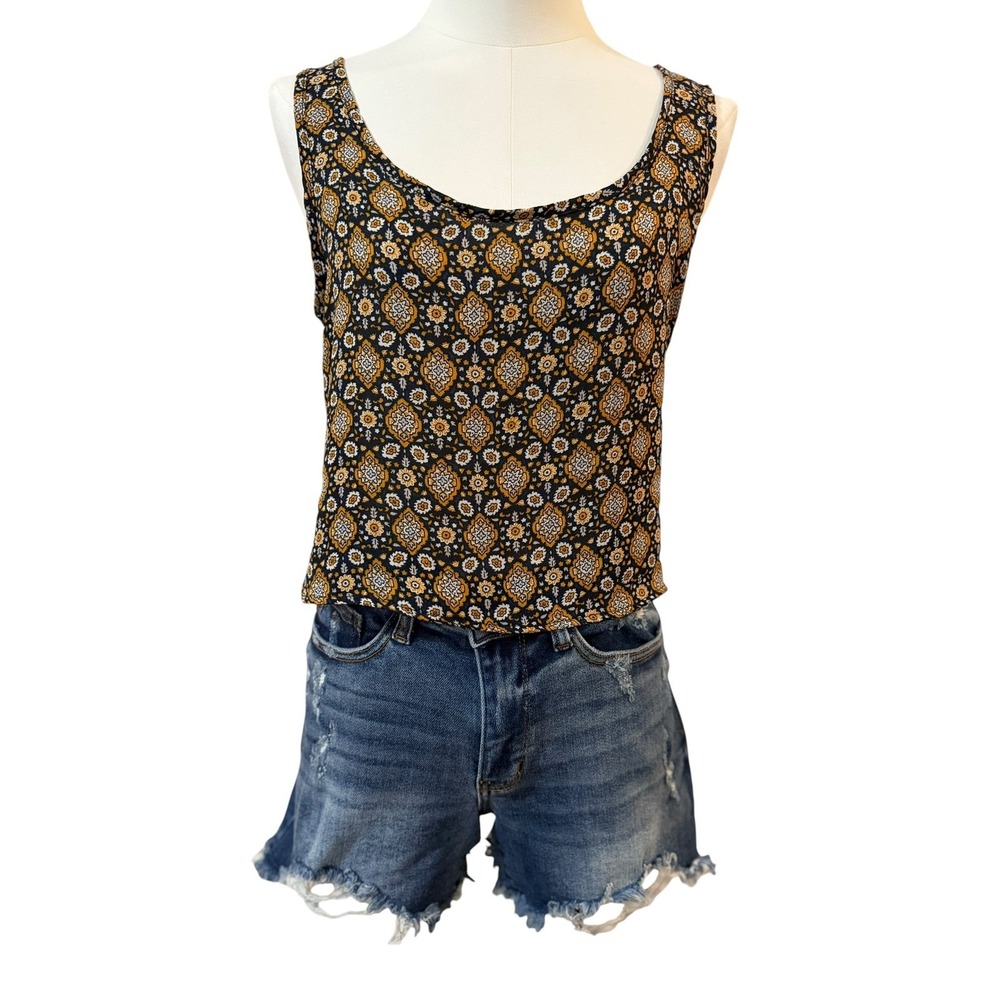 Earthbound Trading Co Medallion Print Crop Tank Top Black Gold S Boho Festival